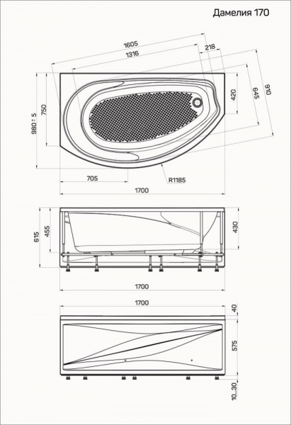 Ванна акриловая 1Marka DAMELIA 01дам1710п 170x100 см. правая  Ванна акриловая 1Marka DAMELIA 01дам1710п 170x100 см. правая